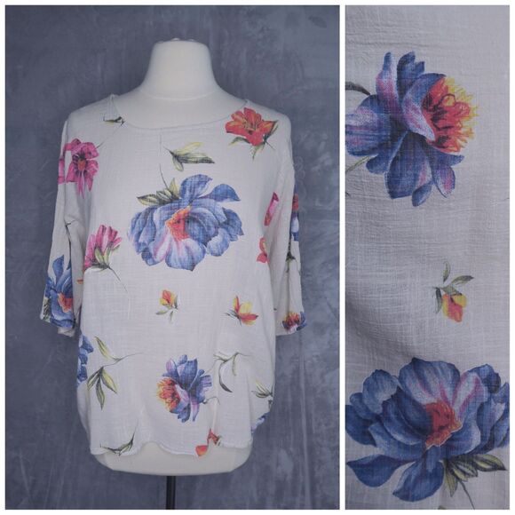 MADE IN ITALY Large Floral Print Blouse Size XL 1/2 Sleeve Taupe Woven Cotton - Picture 1 of 7